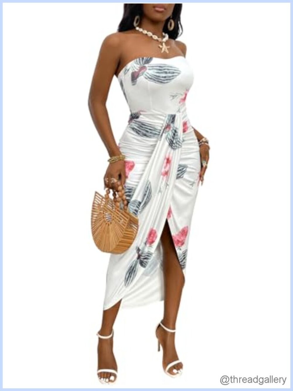 Strapless Floral Maxi Beach Dress High Low Hem Casual Summer